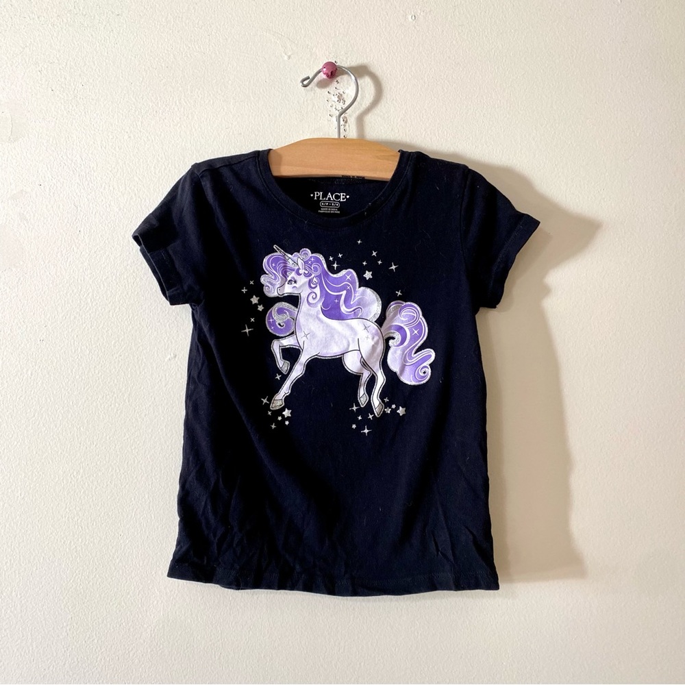 The Children's Place Unicorn T-Shirt Black Short Sleeve Tee Small 5 / 6